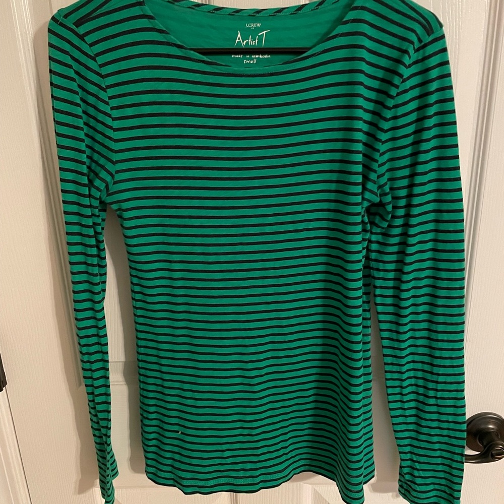 J. Crew long sleeved artist tee in navy and green stripe